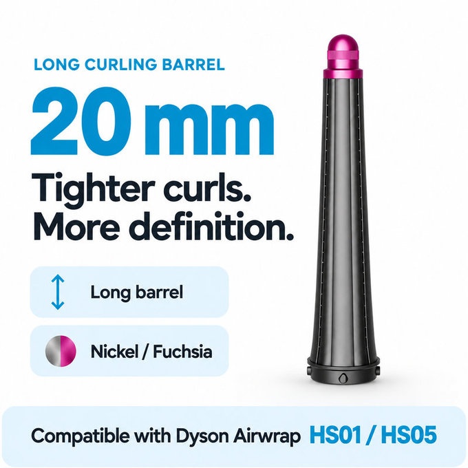 Długa końcówka do loków do Dyson Airwrap HS01, HS05, 20 mm, Nickel / Fuchsia