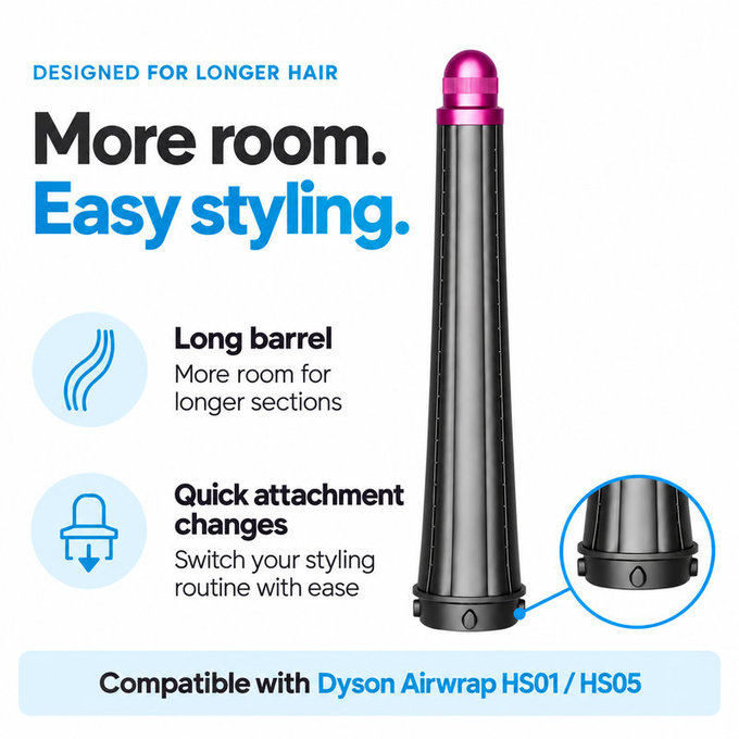 Długa końcówka do loków do Dyson Airwrap HS01, HS05, 20 mm, Nickel / Fuchsia