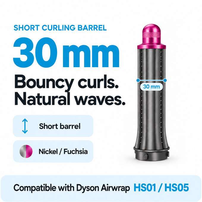 Krótka końcówka do loków do Dyson Airwrap HS01, HS05, 30 mm, Nickel / Fuchsia