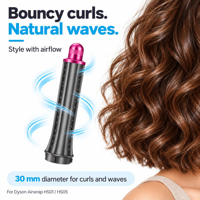 Krótka końcówka do loków do Dyson Airwrap HS01, HS05, 30 mm, Nickel / Fuchsia