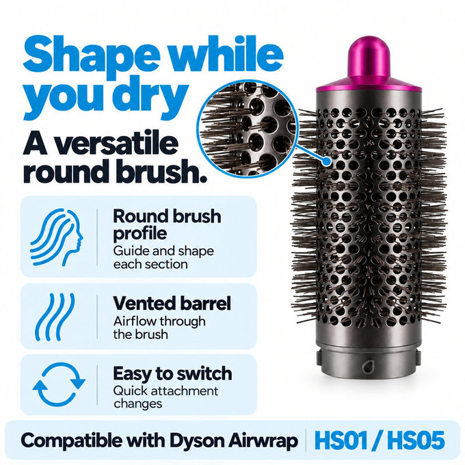 Średnia okrągła szczotka zwiększająca objętość do Dyson Airwrap HS01, HS05, Iron / Fuchsia