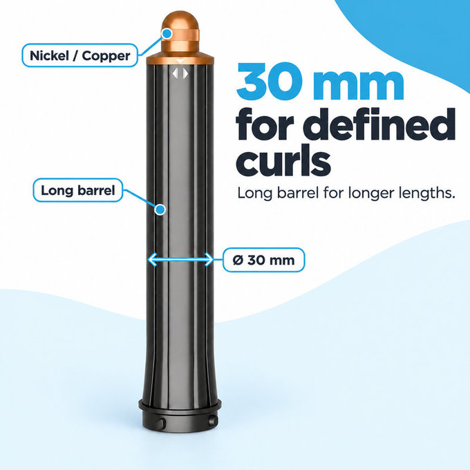 Długa końcówka do loków do Dyson Airwrap HS01, HS05, 30 mm, Nickel / Copper