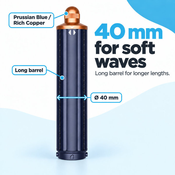 Długa końcówka do loków do Dyson Airwrap HS01, HS05, 40 mm, Prussian Blue / Rich Copper
