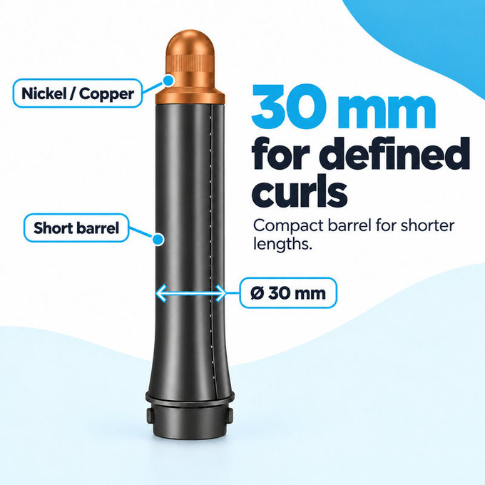 Krótka końcówka do loków do Dyson Airwrap HS01, HS05, 30 mm, Nickel / Copper