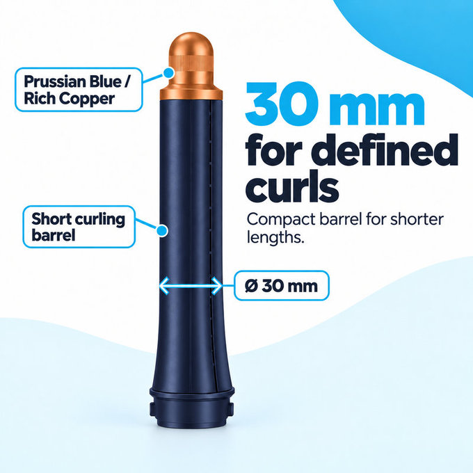 Krótka końcówka do loków do Dyson Airwrap HS01, HS05, 30 mm, Prussian Blue / Rich Copper