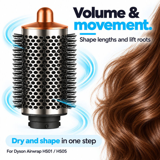 Duża okrągła szczotka zwiększająca objętość do Dyson Airwrap HS01, HS05, Nickel / Copper