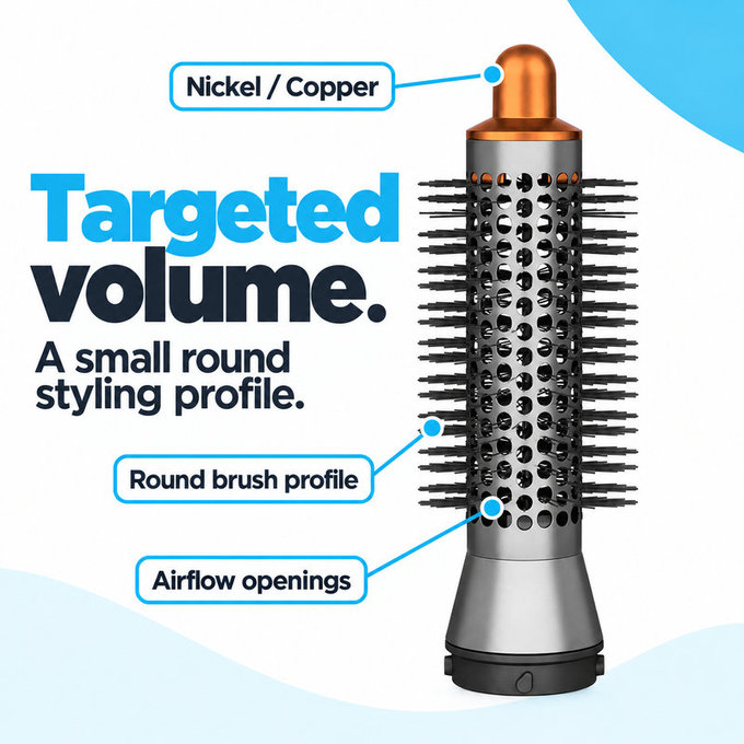Mała okrągła szczotka zwiększająca objętość do Dyson Airwrap HS01, HS05, Nickel / Copper