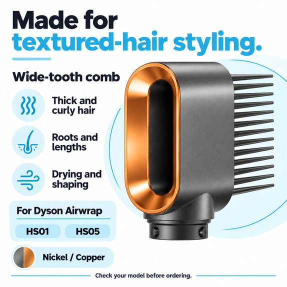 Grzebień z szerokimi zębami do Dyson Airwrap HS01, HS05, Nickel / Copper