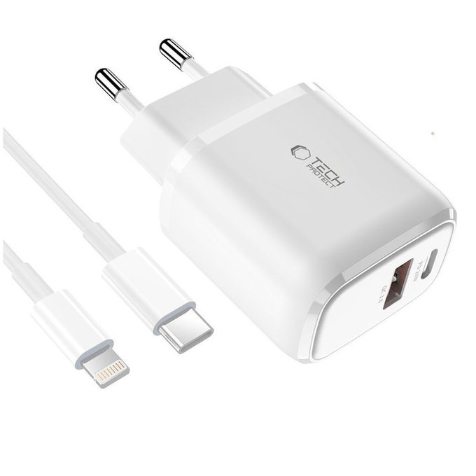Ładowarka sieciowa C20W 2-PORT PD 20W / QC3.0 + Lightning Cable, biała, Tech-Protect