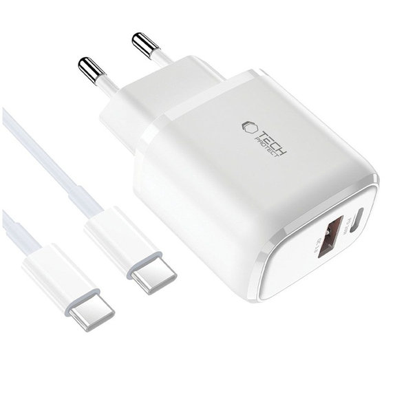 Ładowarka sieciowa C20W 2-PORT PD 20W / QC3.0 + USB-C Cable, biała, Tech-Protect