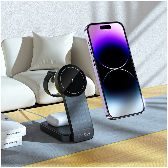 Ładowarka bezprzewodowa QI15W-A28 3IN1 Magnetic MagSafe, czarna, Tech-Protect