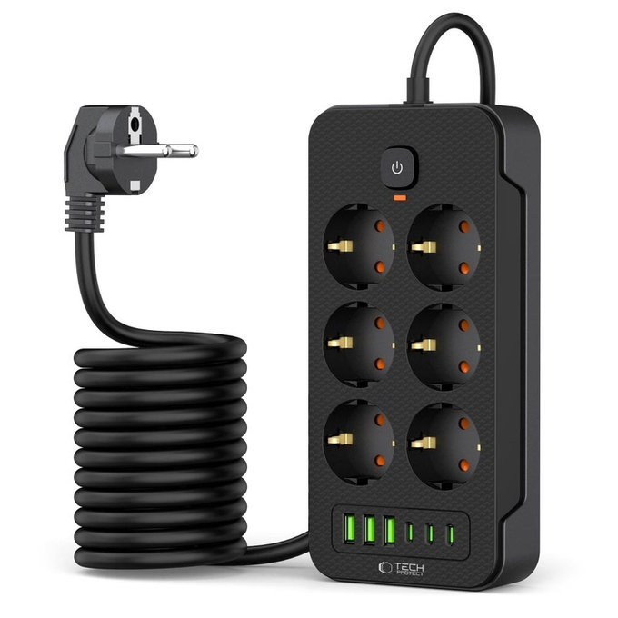 Ładowarka sieciowa PC6X6 Power Strip 3 USB & 3 USB-C & 6 Socket 200cm, czarna, Tech-Protect