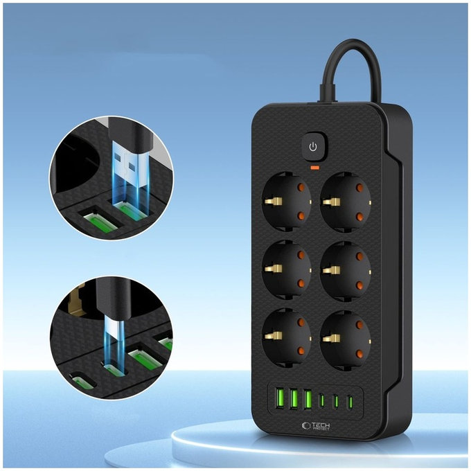 Ładowarka sieciowa PC6X6 Power Strip 3 USB & 3 USB-C & 6 Socket 200cm, czarna, Tech-Protect