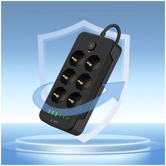 Ładowarka sieciowa PC6X6 Power Strip 3 USB & 3 USB-C & 6 Socket 200cm, czarna, Tech-Protect
