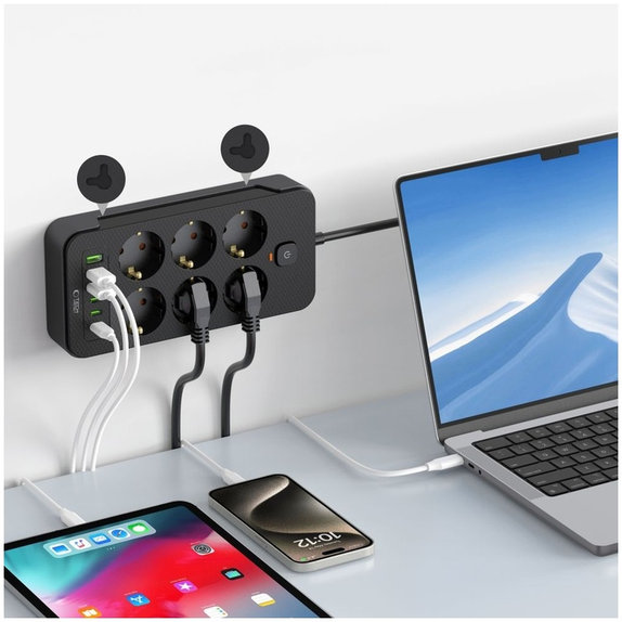Ładowarka sieciowa PC6X6 Power Strip 3 USB & 3 USB-C & 6 Socket 200cm, czarna, Tech-Protect