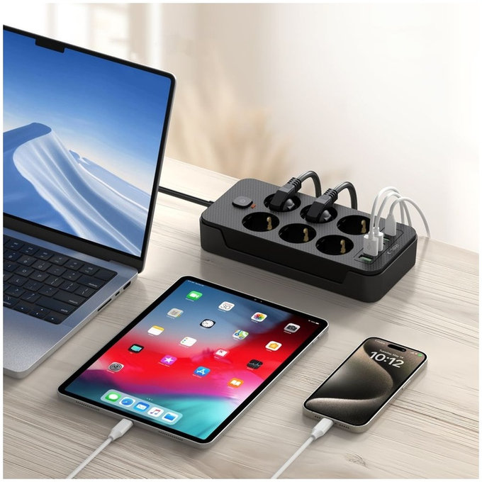 Ładowarka sieciowa PC6X6 Power Strip 3 USB & 3 USB-C & 6 Socket 200cm, czarna, Tech-Protect