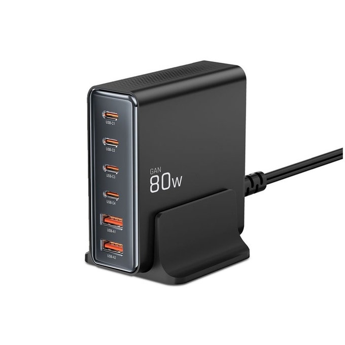 Ładowarka sieciowa DC80W-GAN 6-PORT PD 80W / QC3.0, czarna, Tech-Protect