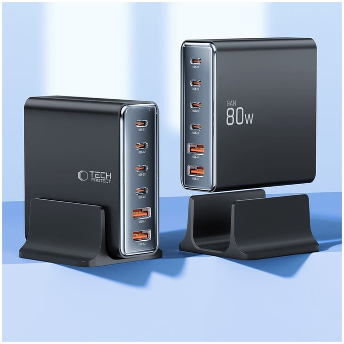 Ładowarka sieciowa DC80W-GAN 6-PORT PD 80W / QC3.0, czarna, Tech-Protect