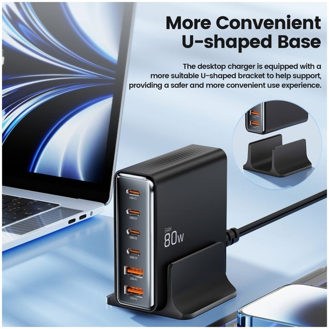 Ładowarka sieciowa DC80W-GAN 6-PORT PD 80W / QC3.0, czarna, Tech-Protect
