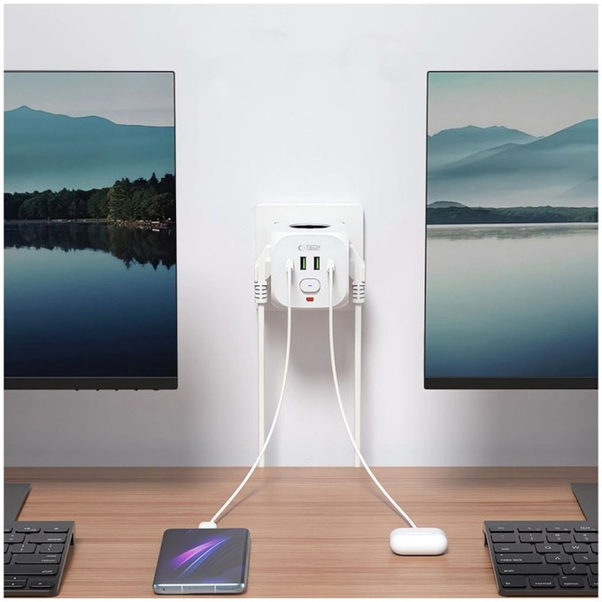 Ładowarka sieciowa PCL3X4 Power Socket 2 USB & 2 USB-C & 3 Socket, biała, Tech-Protect