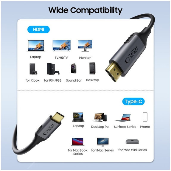 Kabel Ultraboost Cable USB-C / HDMI 2.0 4K 60Hz 180cm, czarna, Tech-Protect