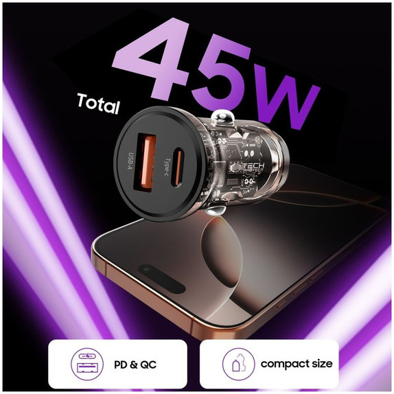 Ładowarka samochodowa CC01 2-PORT PD 45W / QC3.0, czarna, Tech-Protect