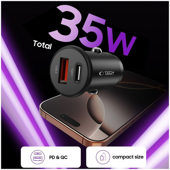 Ładowarka samochodowa CC02 2-PORT PD 35W / QC3.0, czarna, Tech-Protect