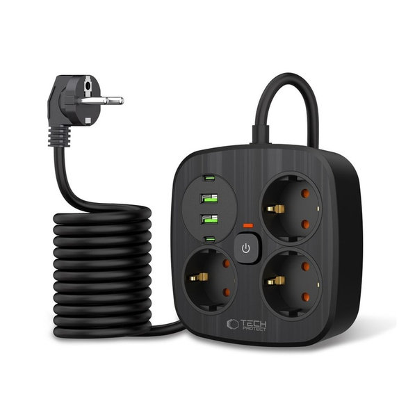 Ładowarka sieciowa PCS3X4 Power Strip 2 USB & 2 USB-C & 3 Socket 200cm, czarna, Tech-Protect