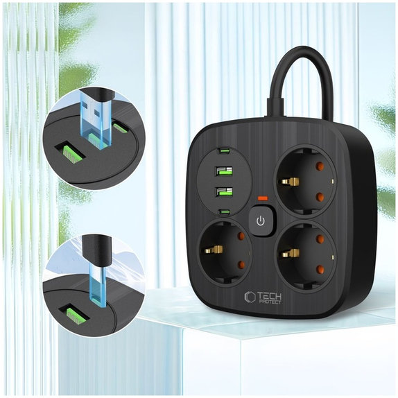 Ładowarka sieciowa PCS3X4 Power Strip 2 USB & 2 USB-C & 3 Socket 200cm, czarna, Tech-Protect