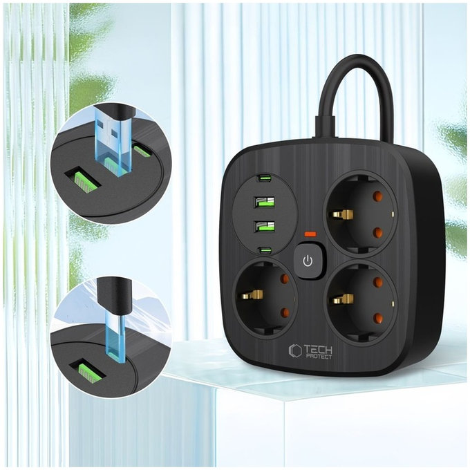 Ładowarka sieciowa PCS3X4 Power Strip 2 USB & 2 USB-C & 3 Socket 200cm, czarna, Tech-Protect