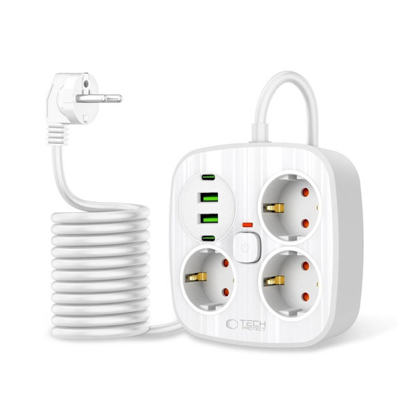 Ładowarka sieciowa PCS3X4 Power Strip 2 USB & 2 USB-C & 3 Socket 200cm, biała, Tech-Protect
