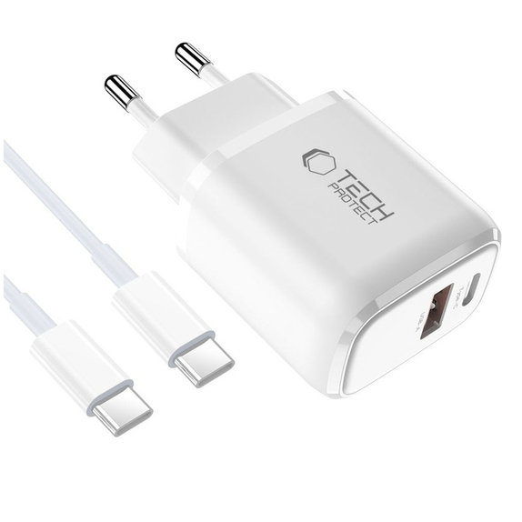 Ładowarka sieciowa NCA20 2-PORT PD 20W / QC3.0 + USB-C Cable, biała, Tech-Protect