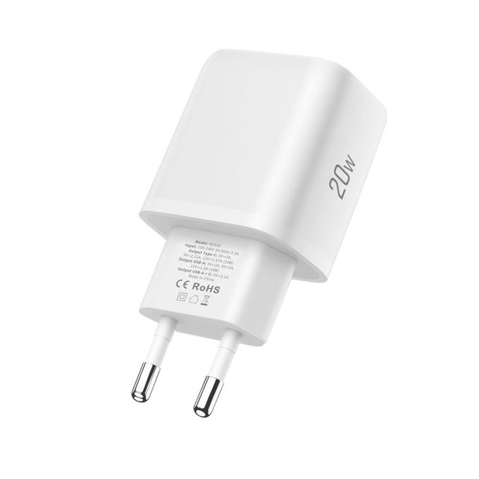 Ładowarka sieciowa NCA20 2-PORT PD 20W / QC3.0 + USB-C Cable, biała, Tech-Protect