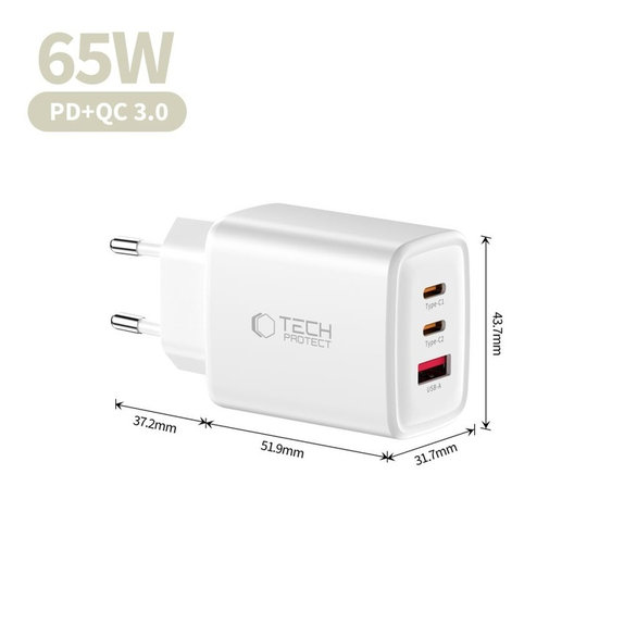 Ładowarka sieciowa NCA65W-GAN 3-PORT PD 65W / QC3.0, biała, Tech-Protect