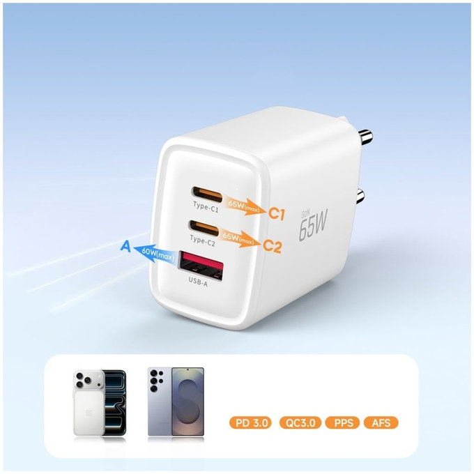Ładowarka sieciowa NCA65W-GAN 3-PORT PD 65W / QC3.0, biała, Tech-Protect