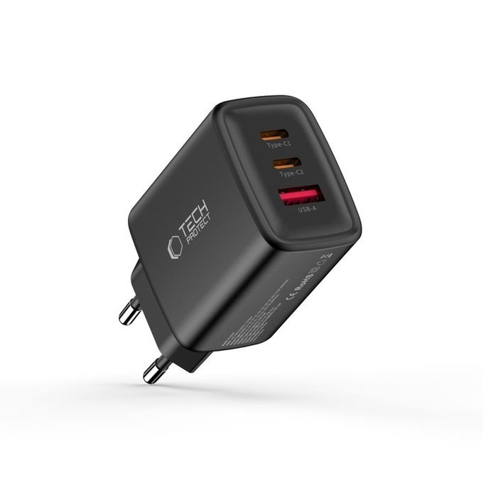 Ładowarka sieciowa NCA65W-GAN 3-PORT PD 65W / QC3.0, czarna, Tech-Protect