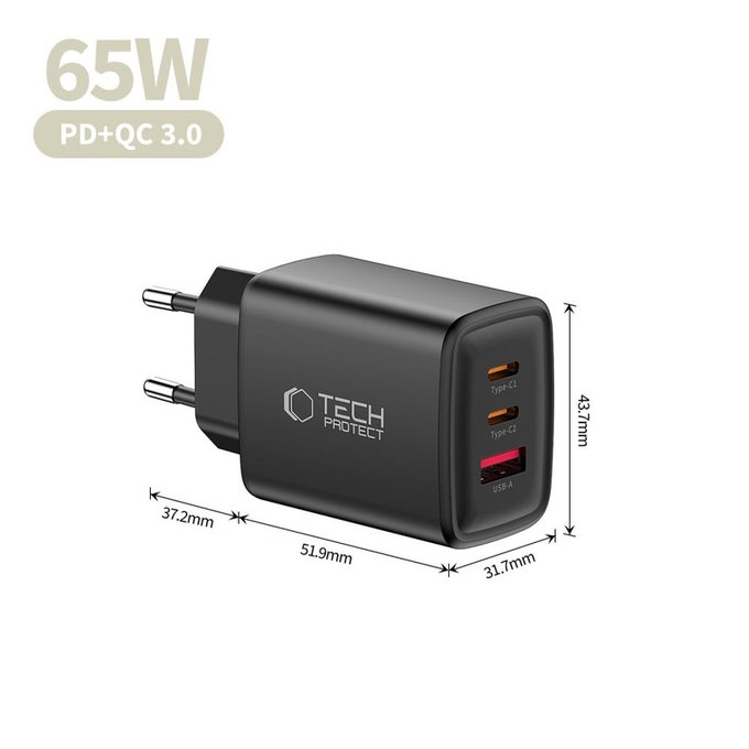 Ładowarka sieciowa NCA65W-GAN 3-PORT PD 65W / QC3.0, czarna, Tech-Protect