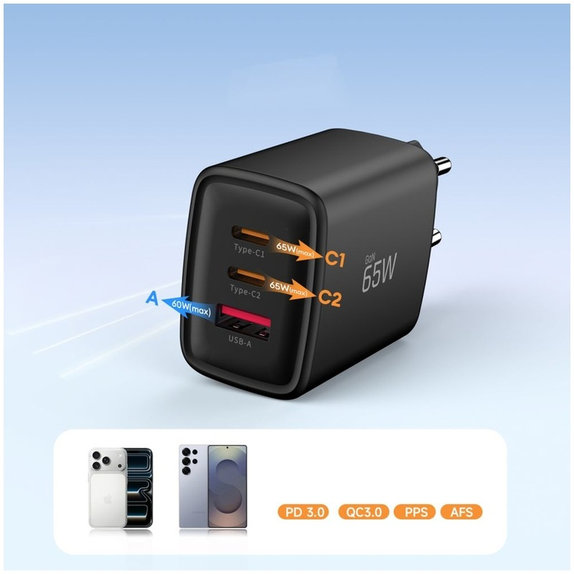Ładowarka sieciowa NCA65W-GAN 3-PORT PD 65W / QC3.0, czarna, Tech-Protect