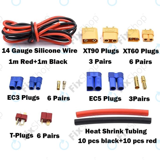 Zestaw złączy akumulatorowych (T-plug, EC3, XT60, przewód silikonowy i koszulki termokurczliwe), Amass