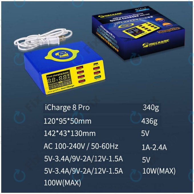 Stacja ladujaca USB z USB-C, USB 3.0 & Ladowarka bezprzewodowa Mechanic iCharge 8 Pro