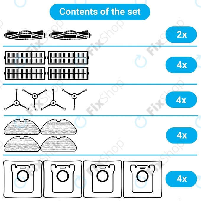 Zestaw części zamiennych do Xiaomi Roborock Q10 VF, Q10 VF+, S8 Pro, S8 Pro Plus (2x Główna szczotka, 4x Filtr, 4x Szczotka boczna, 4x Ściereczka mopująca, 4x Worek na kurz)