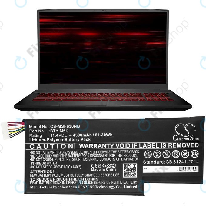 Bateria do MSI GF63, MSI GF75, MSI GS63, 4500mAh, Li-Pol, 11.4V, BTY-M6K, HQ
