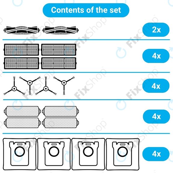 Zestaw części zamiennych do Ecovacs Deebot X11 Pro, X11 (2x Główna szczotka, 4x Filtr, 4x Szczotka boczna, 4x Ściereczka mopująca, 4x Worek na kurz)