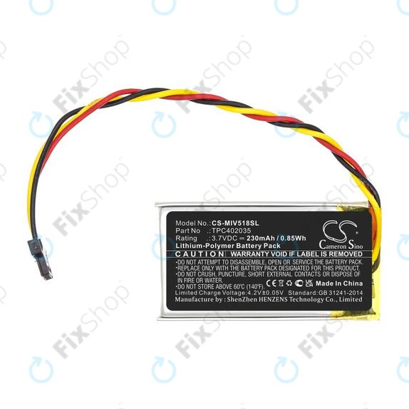 Bateria do Mio MiVue 508, 518, 528, 538, 608, 618, 792, 230mAh, Li-Pol, 3.7V, TPC402035, HQ