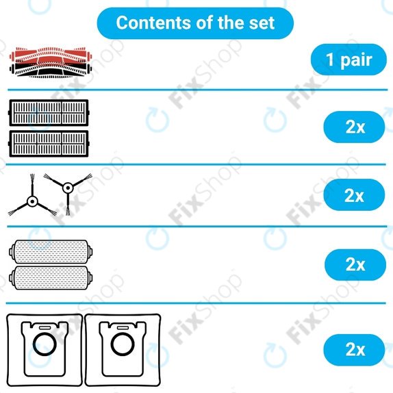 Zestaw części zamiennych do Dreame Aqua 10, 10 Ultra (1 para szczotek głównych, 2x Filtr, 2x Szczotka boczna, 2x Ściereczka mopująca, 2x Worek na kurz)