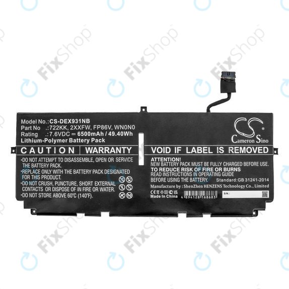 Bateria do Dell XPS 13 9300, 9380, 9310, 6500mAh, Li-Pol, 7.6V, 2XXFW, HQ