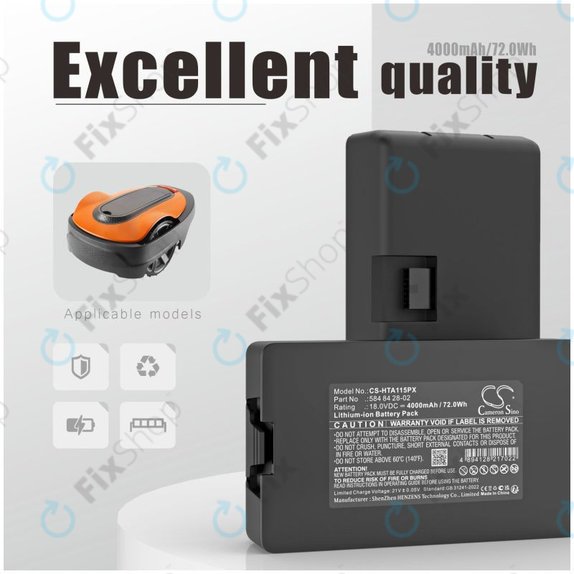 Bateria do Flymo Easilife 200, Gardena Automower 310, Husqvarna Automower 315X, 4000mAh, Li-Ion, 18.0V, 584 84 28-02, HQ