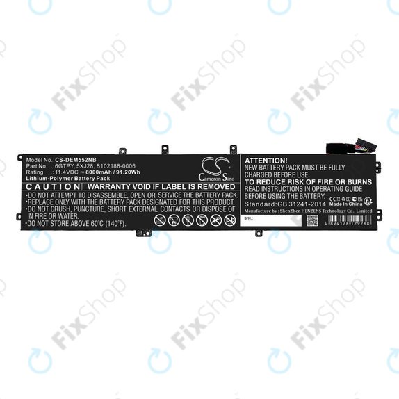 Bateria do Dell XPS 15, Dell Precision 9560, 9570, 8000mAh, Li-Pol, 11.4V, 6GTPY, HQ