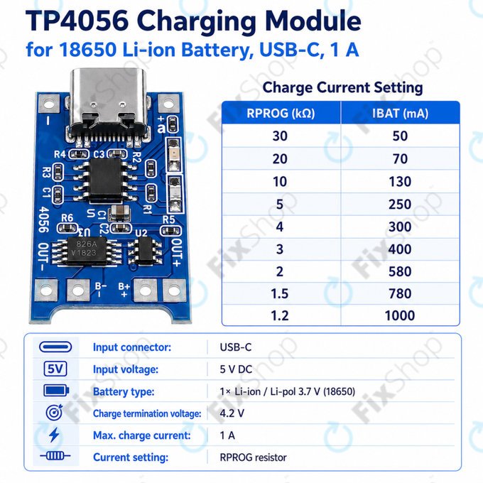 Moduł ładowania TP4056 do akumulatora Li-ion 18650, USB-C, 1 A