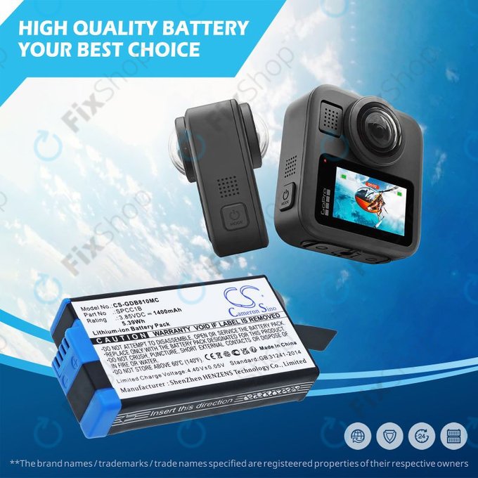 Bateria do GoPro Max, Max 360, Acbat-001, 1400mAh, Li-Ion, 3.85V, SPCC1B, HQ